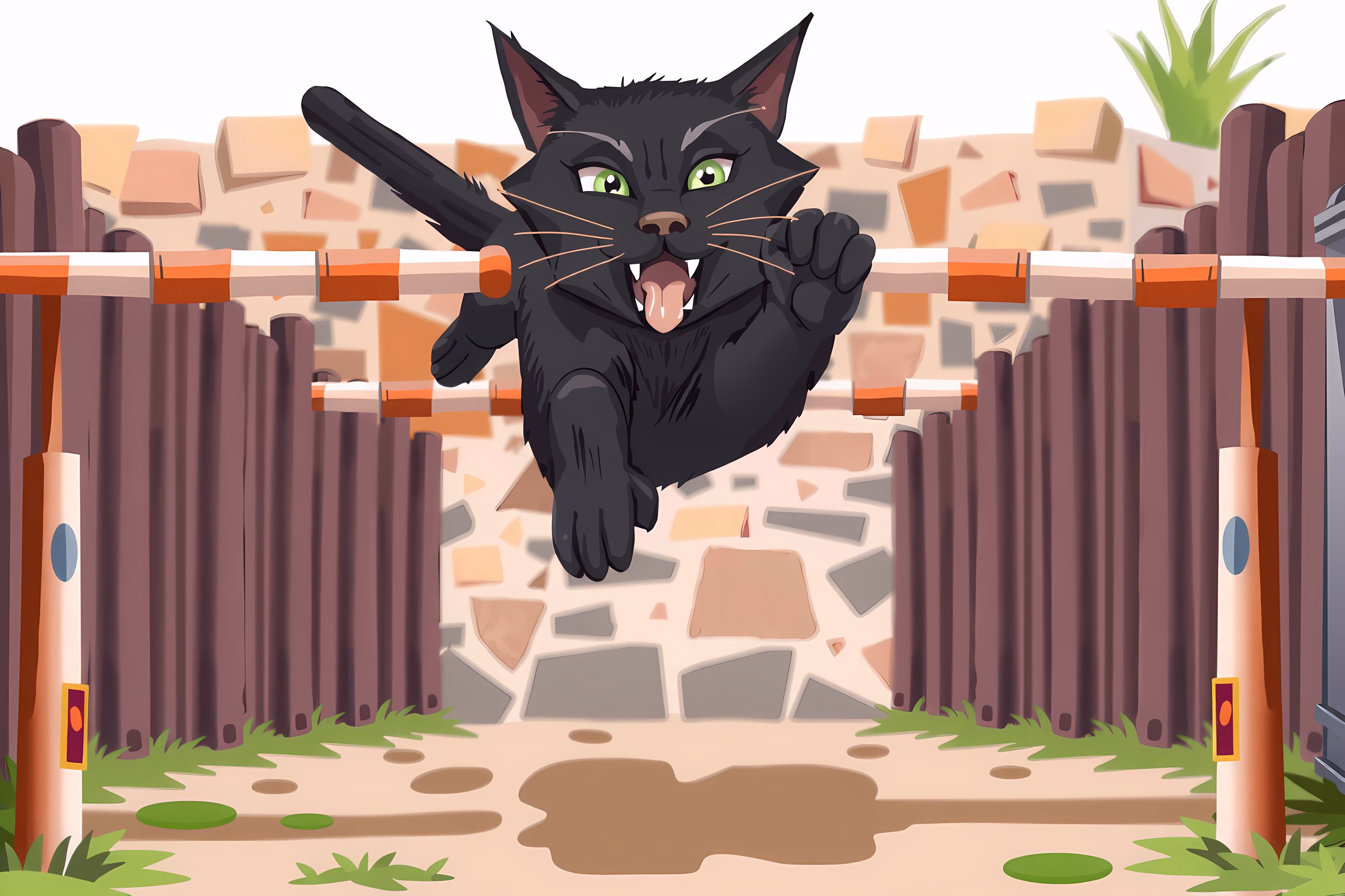 Big black cat jumping through a barrier illustration letters words 3344056289